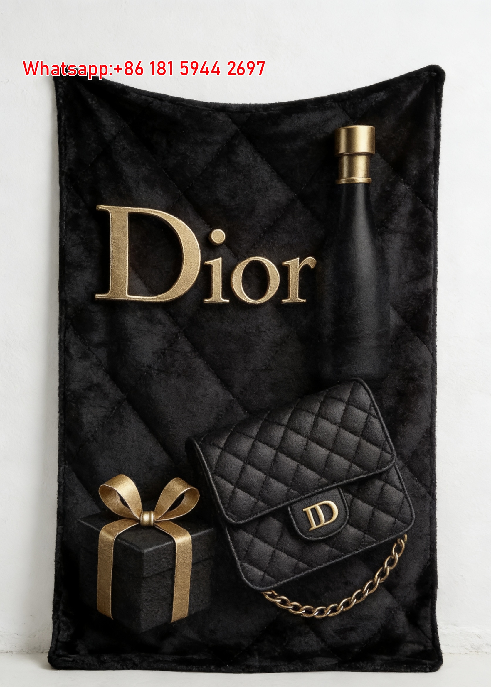 Dior Black Gold Quilted Flannel Sofa Throw Blanket D039